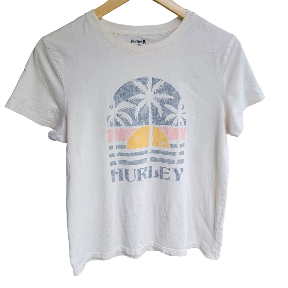 Hurley Women’s Easy Breezy T-shirt Baby Tee Palm Tree Pastel Yellow Isla…